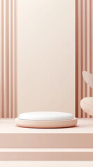 Poster - A white pedestal with a white base is placed on a pink background. The pedestal is empty and the background is decorated with pink curtains. The scene is set in a room with a pink color scheme