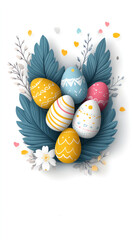 Poster - A colorful bunch of eggs are arranged in a leafy green background. The eggs are painted in various colors and patterns, and they are surrounded by a blue and white background