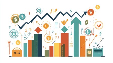 Poster - Abstract arrows moving upward with currency icons and digital interfaces showing growth