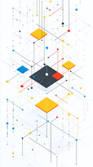 Poster - A colorful abstract design with squares and triangles. The squares are yellow and blue, and the triangles are red. The design is made up of lines and dots, and it looks like a complex web of shapes