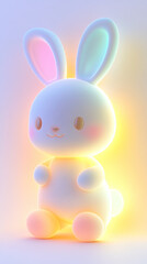 Poster - A cute white rabbit with a pink nose and a pink ear is standing in front of a yellow light