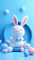 Poster - A cute rabbit is sitting on a blue background with a bunch of eggs around it. The rabbit is smiling and holding an egg in its mouth. Concept of playfulness and joy