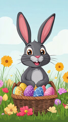 Poster - A cartoon rabbit is sitting in a basket full of Easter eggs. The basket is in a field of flowers, and the rabbit is smiling. The scene is cheerful and playful, and it conveys a sense of joy