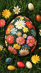 Poster - A colorful Easter egg with flowers painted on it sits on a green field. There are many other eggs scattered around the field, some of which are also decorated with flowers