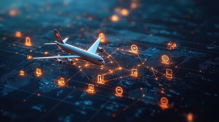 Poster - Airplane flying over digital map with icons marking global business destinations