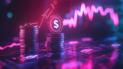 Poster - Animated style upward graph with profit symbols and glowing business metrics