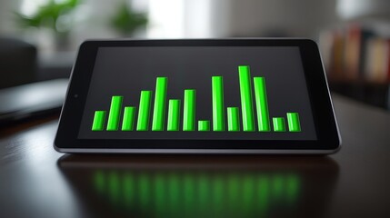 Poster - Bar chart on tablet screen with increasing green bars and financial symbols