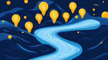 Bright path leading from idea icon to success symbol, decorated with financial elements