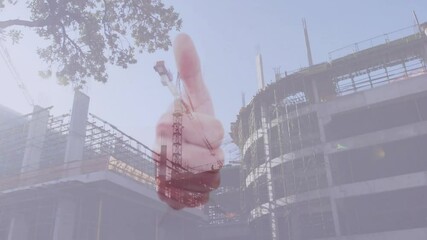 Poster - Animation of thumbs up gesture at construction site with cranes and scaffolding