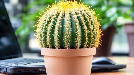 Poster - Clean, bright office desk with closed laptop, mousepad, and cactus plant