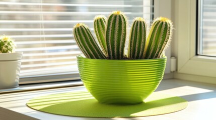 Poster - Clean, bright office desk with closed laptop, mousepad, and cactus plant