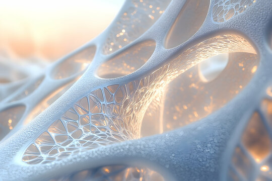 A close-up view of an intricate, light-filled, organic structure.