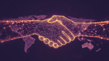 Poster - Conceptual digital handshake icon spanning continents on a glowing world map