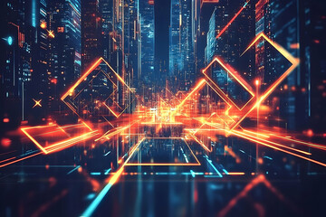 Poster - a futuristic cityscape bathed in vibrant digital light displays.