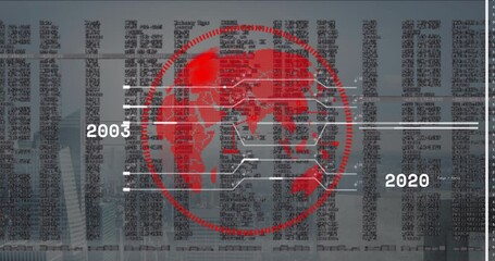 Poster - Red digital world map animation over binary code with years 2004 and 2019