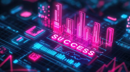 Poster - Glowing neon word SUCCESS over digital bar graph background and icons