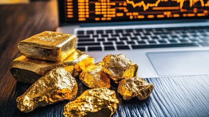 Poster - Gold bars and nuggets laid out beside a laptop with trading software running
