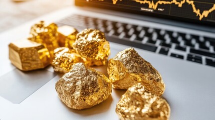 Poster - Gold bars and nuggets laid out beside a laptop with trading software running