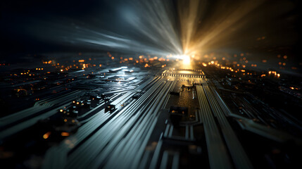 Fototapete - Abstract close-up view of electronic circuit board with glowing lights and dramatic illumination, showcasing technology innovation and digital future concepts