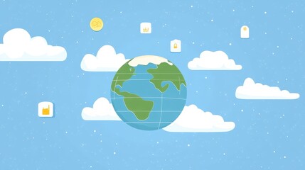 Poster - Icons of global collaboration floating around stylized Earth with tech background