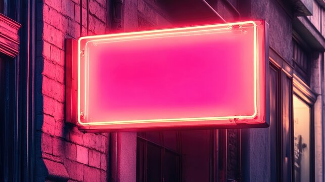 Neon-style rectangular storefront sign glowing against moody urban evening backdrop