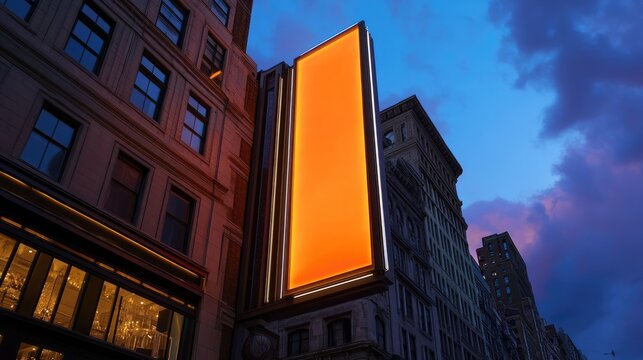 Neon-style rectangular storefront sign glowing against moody urban evening backdrop