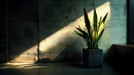 Poster - Sunlight Illuminates a Green Plant in a Modern Interior Space with Concrete Walls and Minimalistic Design Aesthetic