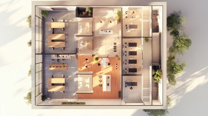 Poster - Office floor plan with labeled corporate departments and collaboration zones