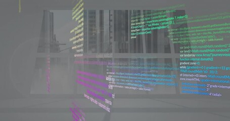 Poster - Animation of colorful programming code floating over urban cityscape background