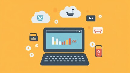 Poster - Tablet displaying e-commerce analytics beside wireless keyboard and cloud tech icons