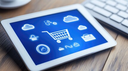 Poster - Tablet displaying e-commerce analytics beside wireless keyboard and cloud tech icons