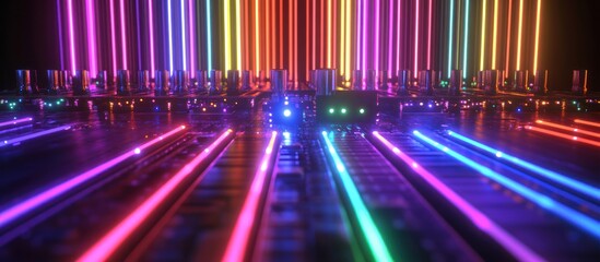 Fototapete - Illuminated Technology: Neon Circuit Board with Vibrant Flowing Light Streams