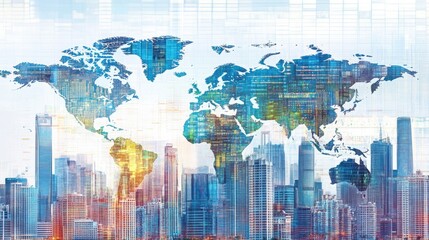 Poster - Visual of business skyscrapers blending into a digital map representing global expansion