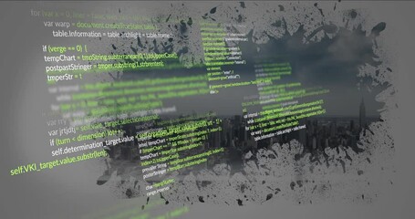 Poster - Cityscape with green code snippets and abstract paint splatter animation overlay