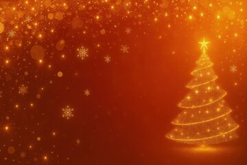 Wall Mural - golden christmas tree on glowing orange red background with sparkling stars and snowflakes, ideal fo