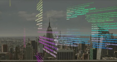 Poster - Overlaying city skyline, colorful programming code representing urban development and technology