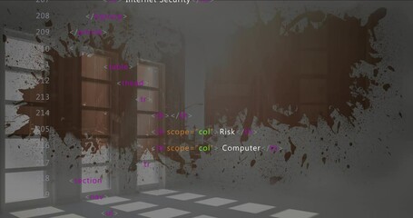 Aufkleber - Animation of spyware text over computer code on dark splatter background