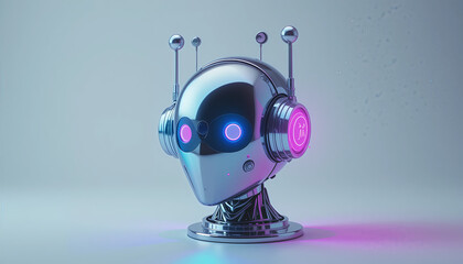 retro-futuristic 3d icon of a cute al assistant robot head, designed with chrome body and neon light