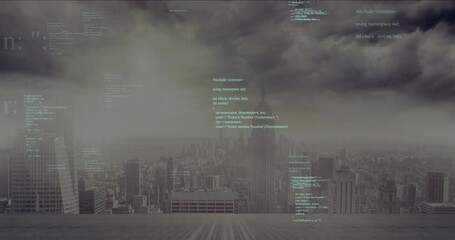 Poster - Computer code overlaying cloudy sky, city skyline creating digital animation effect