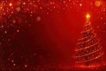 Wall Mural - sparkling christmas tree with glowing star on a festive red background filled with lights and snowfl