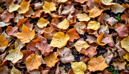 Poster - Autumn Leaves A close up of fall leaves in shades of orange and yellow, scattered on the ground, showcasing their unique textures.