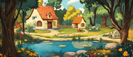 Wall Mural - cartoonish houses near a pond surrounded by trees in a forest setting.