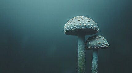 Wall Mural - Two dotted mushrooms stand tall against a blurred, dark misty background