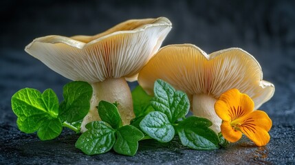 Wall Mural - Two fungi stand next to greenery and a blossom, on dark background