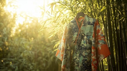 Wall Mural - person wearing patterned robe stands in bamboo forest with bright sunlight.