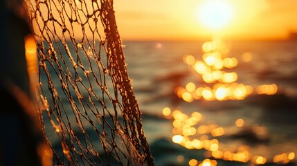 Golden hour glow on a fishing net. Warm sunset colors.