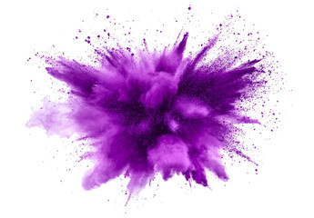 bright purple paint color powder festival explosion burst isolated white background.