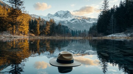 Wall Mural - hat floats on calm lake reflecting trees and snow-capped mountain in background.