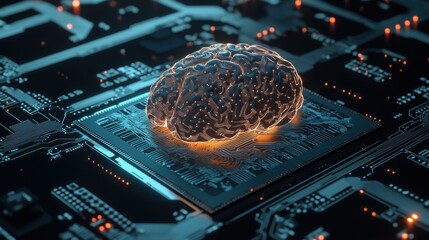 Poster - A digital brain illuminated on a circuit board, symbolizing the intersection of technology and artificial intelligence.