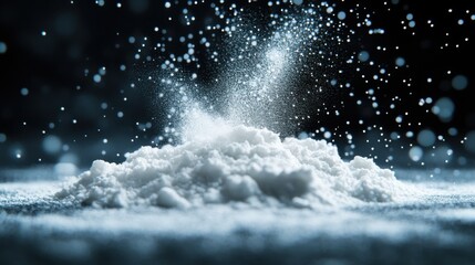 Poster - A fine powder is elegantly suspended in the air, creating a mesmerizing effect with light and particles against a dark background.
